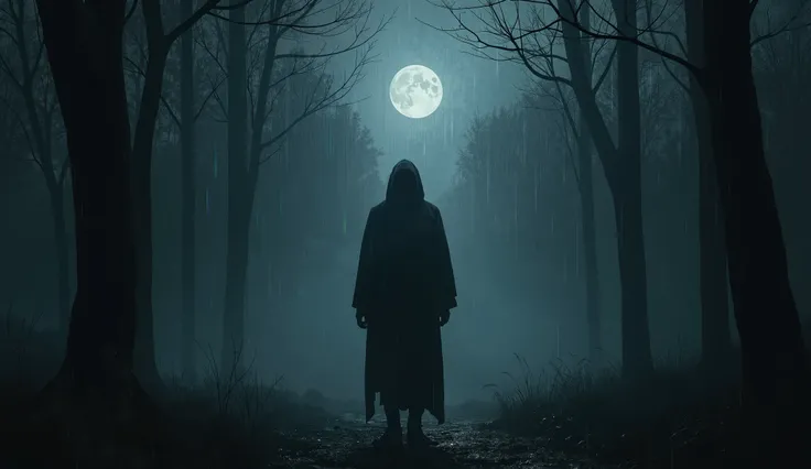 realistic image seen a man in the woods alone without a face, empty in the dark, in the illuminated night, cold rainy night and macabre liquid darkness