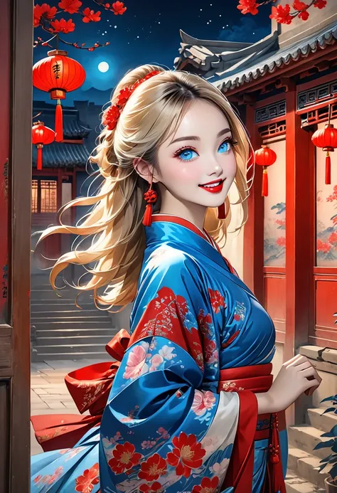  intense ink painting、 image of a dancer in a Chinese period movie、 darker makeup、 clear blue eyes 、 Perfect Face 、 cute girl、 petite and perfect style 、 in front of an old apartment door 、 jewelry、 Long Blonde Hair 、 red lips、 Dynamic Poses、 Red Shoes、 lo...