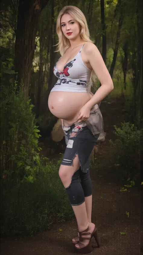  High resolution 1080 pixels HD image of a 22-year-old young European woman with a pregnant womb with shaggy long straight blonde hair dressed in a dress bag and wearing a white corset shirt with baseball print who is standing with a pair of brown open den...