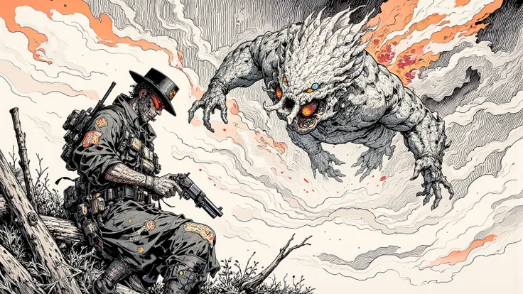  Crazy Gunman in the Wilderness ,Western Ukiyo-e ,Scary works, Holding a Revolver ,A monster that flies in the sky, Burning , Occult Horror Art,bright red hollow eyes, mixed style , Ukiyo-e Manga Painting Ink Sketch ,   painting with paintbrush and ink ,Pr...