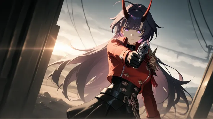 solo, 1girl, anime, raiden mei \(honkai impact 3rd\), long hair, oni horn, black cowboy hat, red long jacket with tight black corset, side pauldron, black skirts, look at the viewer, serious, aiming revolver with one hand, closeup, cinematic angle, mojave ...