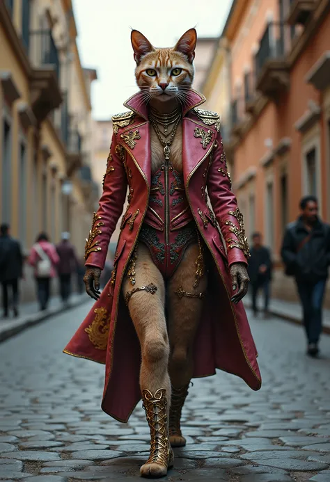 creer moi un chat avec des manieres antromorphes et des pates de chat qui defile dans les rues rome avec une tenue coloré extravagante et sexy, tendance, haute couture , luxe hyper realistic sombre futuriste de bonne qualité sans defauts