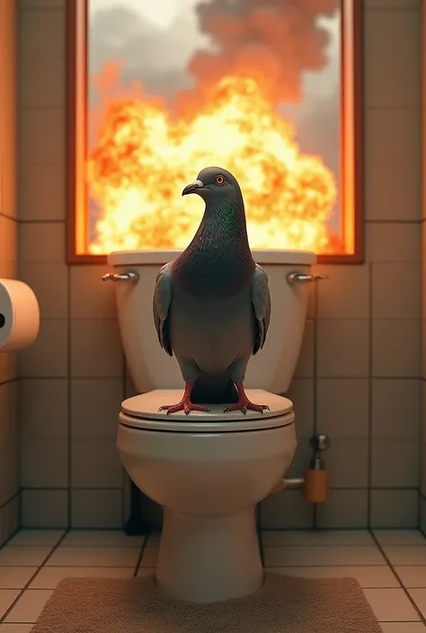 A pigeon that is using the toilet while behind him theres an explosion 