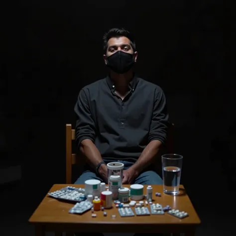 "A 25-year-old man wearing a black medical mask, sitting on a wooden chair in a dimly lit room. He is dressed in casual clothing, looking slightly tired but focused. In front of him is a small wooden table covered with various medicines, including pill bot...