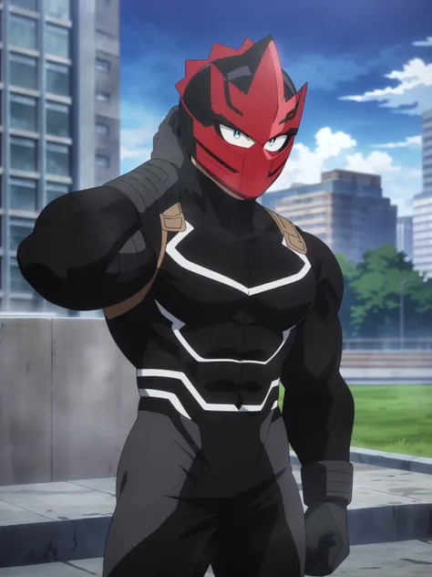 (masterpiece, best quality, anime, anime coloring:1.3, superhigh res). ((Very handsome superhero as MHA character, sexy, muscular, Male)). ((Superhero)), (((Wearing black superhero suit, with helmet hiding his entire head))). Big city park background, colo...