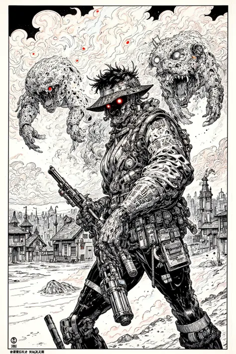  Crazy Gunman in the Wilderness ,Western Ukiyo-e ,Scary works, Holding a Revolver ,A monster that flies in the sky, Burning , Occult Horror Art,bright red hollow eyes, mixed style , Ukiyo-e Manga Painting Ink Sketch ,   painting with paintbrush and ink ,Pr...