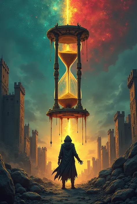 "A towering, fractured hourglass floats above a war-torn cityscape where medieval castles crumble into neon-lit cybernetic ruins. Golden-black sand spills from the hourglass, morphing into an army of half-mechanical, half-skeletal warriors mid-fall. Below,...