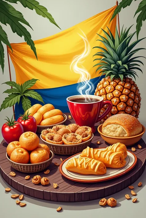 Colombian sweet delicacies and salt food store that highlights Colombian dishes, coffee and flag in a single presentation to be the logo of a virtual store 