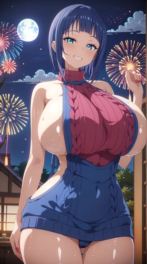 (UHD, retina, masterpiece, accurate, anatomically correct, super detail, high details, highres, 1080P, 16k:1.3)、 (sachi:1.3)、 short hair、blunt bangs、darkblue hair、A mole near the eye、(very gigantic breasts、rounded large breasts:1.3)、(wet skin、wet、sweat、shi...