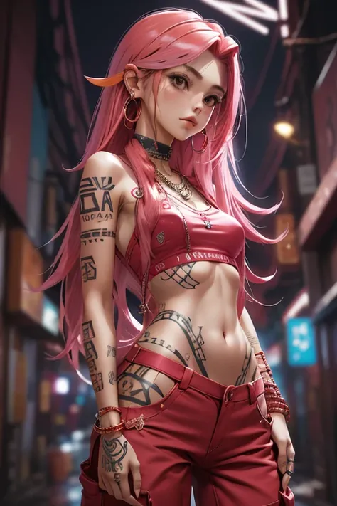  borrowed letter , cyber sttyle ,  1girl ,  alone, long and messy pink hair, tribal tattoo, BAGGY RED PANTS,  blurred background,