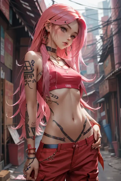  borrowed letter , cyber sttyle ,  1girl ,  alone, long and messy pink hair, tribal tattoo, BAGGY RED PANTS,  blurred background,