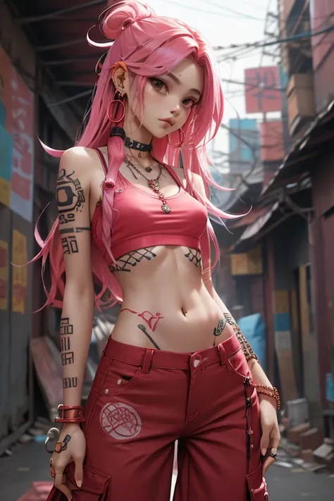  borrowed letter , cyber sttyle ,  1girl ,  alone, long and messy pink hair, tribal tattoo, BAGGY RED PANTS,  blurred background,