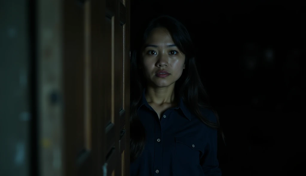 **"An Indonesian woman with long dark hair, wearing a dark navy blue button-up shirt, cautiously peeks into a dimly lit room through a half-open door. Her expression is tense and curious, partially illuminated by a faint, eerie glow from within. The backgr...