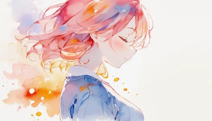 watercolor、  bright color、 beautiful color、  cowboy shooting、 Girl with eyes closed 、  cute、  profile