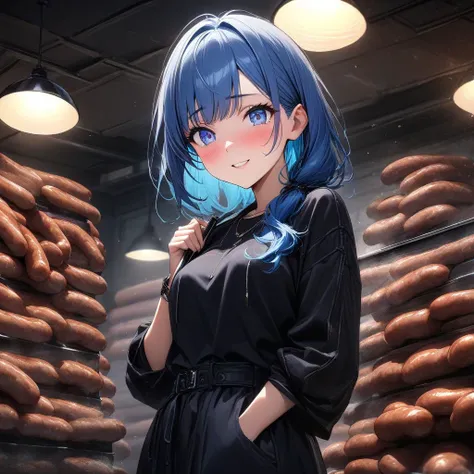  1 Woman Standing , (Observe the swarm of sausages in the tank), ( I have a smartphone), ( Stylish Clothes ),   20 year old Japanese woman, /( bright blue hair/) bangs,  Blushing Joy Smile  (Joyful Eyes ), (  masterpiece top quality  :1.2)   delicate illus...