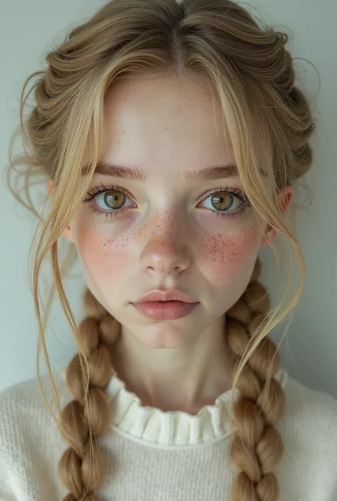 A beautiful girl with blonde braided hair, a large forehead, wide hazel eyes, freckles on her skin, wearing a white sweater, her features are close