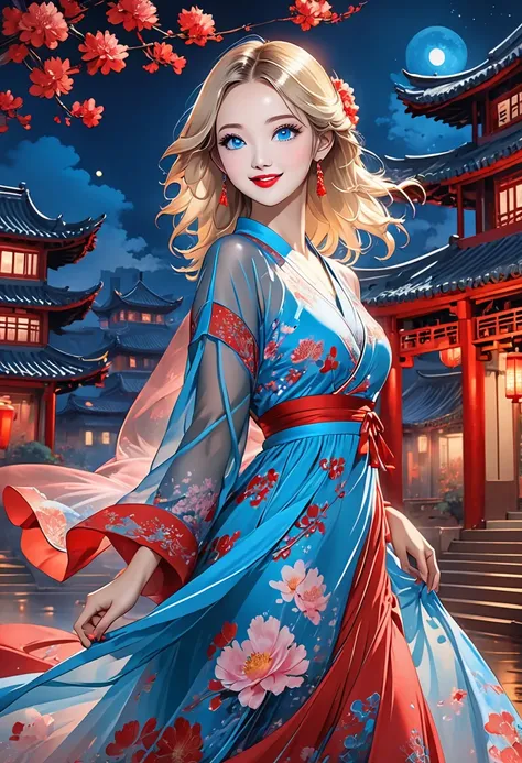  intense ink painting、 image of a dancer in a Chinese period movie、 darker makeup、 clear blue eyes 、 Perfect Face 、 cute girl、 petite and perfect style 、pink flowing see-through long dress、 jewelry、 Long Blonde Hair 、 red lips、 Dynamic Poses、 Red Shoes、 lo...