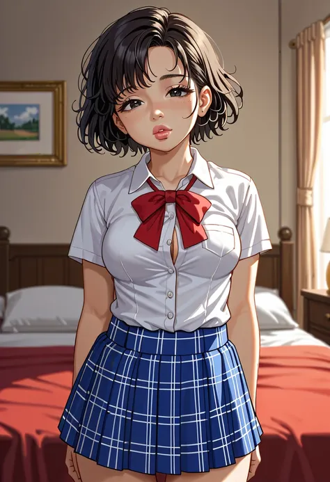 (((1girl:1.5))), Masterpiece, Best quality, amazing beauty, 4K, absurdres, finely detail, (super detailed eye), perfect anatomy, official art, cinematic lighting, BREAK, ((((Bright bedroom)))), ((Bright morning bedroom)), silky short hair, (tired hair), [b...