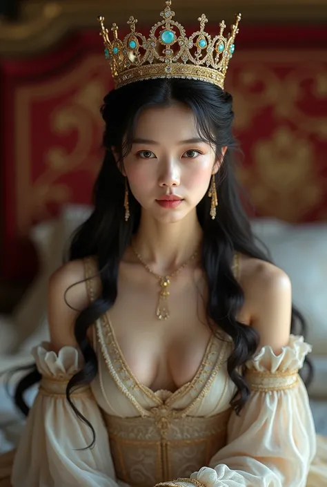 (photorealism:1.2), beautiful woman, wearing crown, Asian, full body, laying on bed, renaisance era.