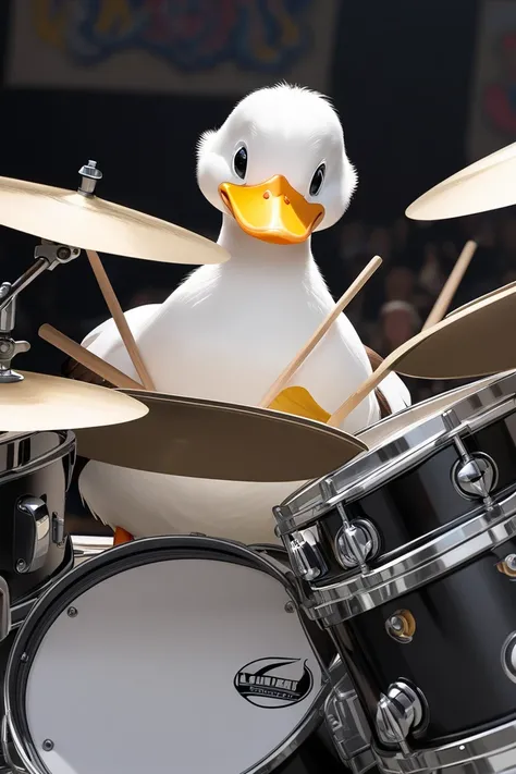 A duck playing drums