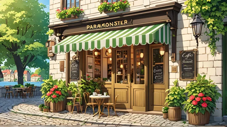 Image is a vibrant, animated-style illustration depicting a quaint café exterior. The layout features a charming vintage façade with a wooden door and window, adorned with a striped awning. The café's name, 'Paramonster' is elegantly scripted in gold above...