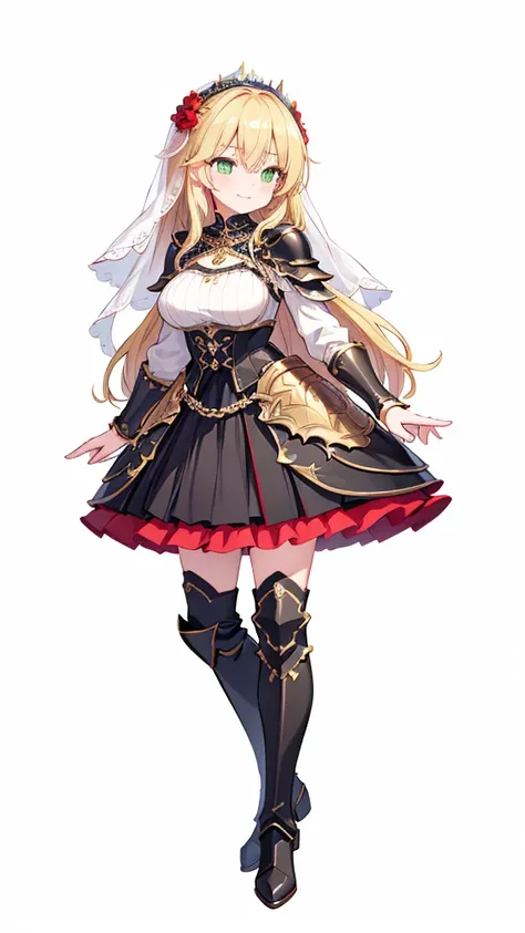  Masterpiece,  top quality, (( 1 woman, tall ,full body,)),huge breast:1.1,(( Chest Length Wavy Hair, blonde,)),(( green eyes,Thin, straight droopy eyes ,)), (( wearing a white veil with red flowers,)), pale skin ,(( black thigh high boots , Black Valkyrie...