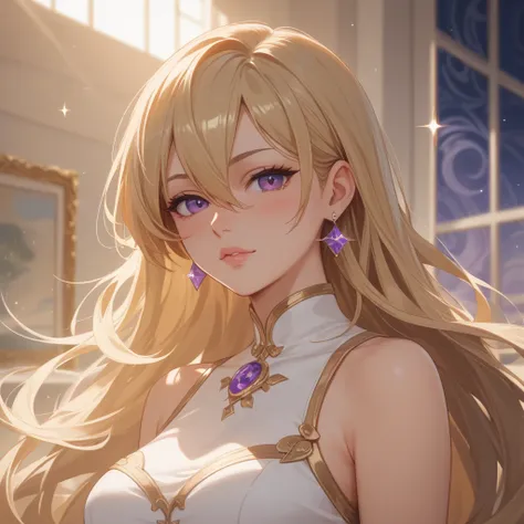 Blonde hair, purple eyes, very pretty, High Resolution, Long Hair, Looking at viewer, Breasts, Blush, Hair Between Eyes, Earrings, Sparkle, Backlighting, Abstract, Impressionism, Masterpiece, Abstractionism, Accurate, Anatomically Correct, 