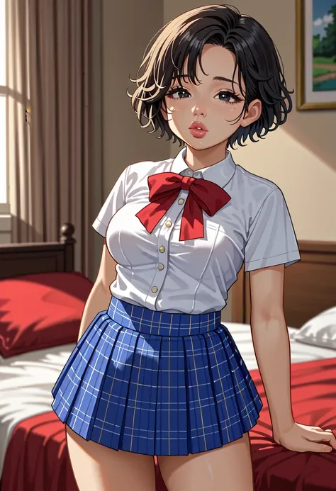 (((1girl:1.5))), Masterpiece, Best quality, amazing beauty, 4K, absurdres, finely detail, (super detailed eye), perfect anatomy, official art, cinematic lighting, BREAK, ((((Bright bedroom)))), ((Bright morning bedroom)), silky short hair, (tired hair), [b...