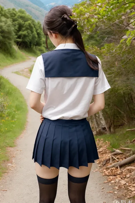 A girl is wearing a very short sailor-style school uniform with black thigh-high stockings and school loafers. She is turning her back, emphasizing her hips, and her extremely short skirt reveals a glimpse of her underwear. The background is a secluded, qu...