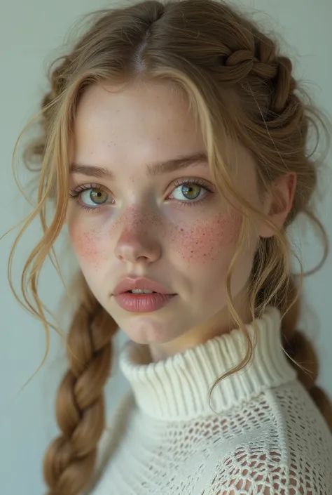 A beautiful girl with blonde braided hair, a large forehead, wide hazel eyes, freckles on her skin, wearing a white sweater, her features are close