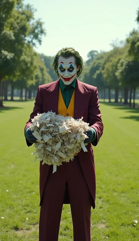 "A wide, empty park with green grass and trees in the background. Joker stands in the middle, holding a large pile of small paper scraps in his hands, smirking mischievously. The sky is clear and bright."