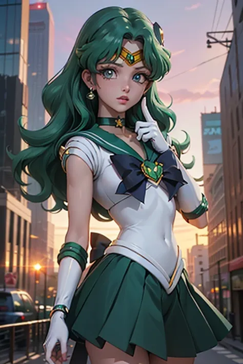 (La  better quality,A high resolution, Ultra - detailed,actual),Ariana Grande (Sailor Senshi Uniforms:1.4),  dark green hair,  medium hair, Supplicant skirt, (White elbow-length gloves:1.1), joya,  medium breasted, dynamic background, Dynamic posture,More ...