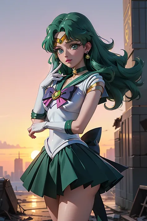 (La  better quality,A high resolution, Ultra - detailed,actual),Ariana Grande (Sailor Senshi Uniforms:1.4),  dark green hair,  medium hair, Supplicant skirt, (White elbow-length gloves:1.1), joya,  medium breasted, dynamic background, Dynamic posture,More ...