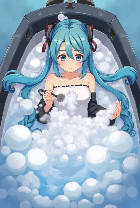 ( masterpiece、 top quality、 top quality、 Official Art、  beautiful and beautiful  :1.2)、( one girl:1.3) Hatsune Miku、 twin tails, beautiful breasts,  pros,  by Nomi,  Wong Ka-wai ,  A picture taken from above of a girl lying in the bathtub,  She's Facing Fr...