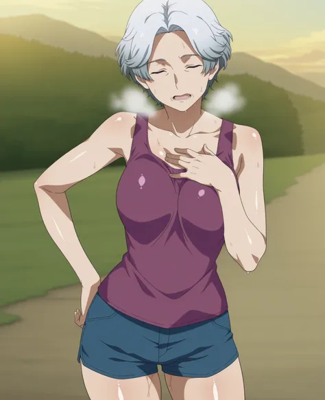 1girl,solo,mm,old woman,grey hair,short hair,closed eyes,anime coloring,
purple tanktop, blue shorts,cowboy shot, hand on chest hand on hip looking at viewer, outdoors, out of breath, sweaty, open mouth, (((Shiny Skin)))
,masterpiece,best quality,amazing q...