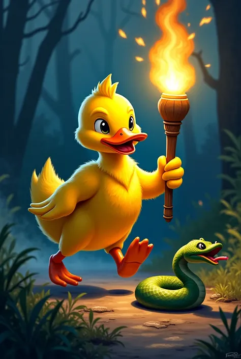 Make a yellow duck carry a torch in pursuit of a snake 