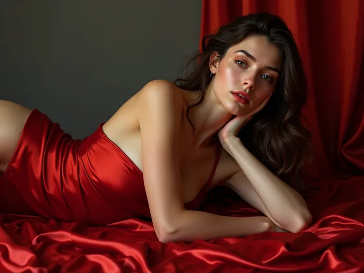 ((top quality)), ((Masterpiece)), (perfect Details),  (1 Mature girl, very sexy, Very shiny skin, The whole body is projected by lying on its side,  perfect body, Naked and wrapped in red silk)