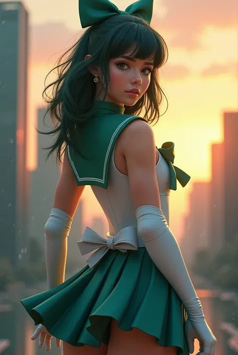 (Qingxu_ Image Photo Picture _V11), (Qingxu_ Image Photo Picture _F.11), ,Ariana Grande cosplay Sailor Moon Venus, (Sailor Senshi Uniforms:1.4),  dark green hair, medium hair, Supplicant skirt, ( white elbow gloves :1.1), joya ,  medium breasted , dynamic ...