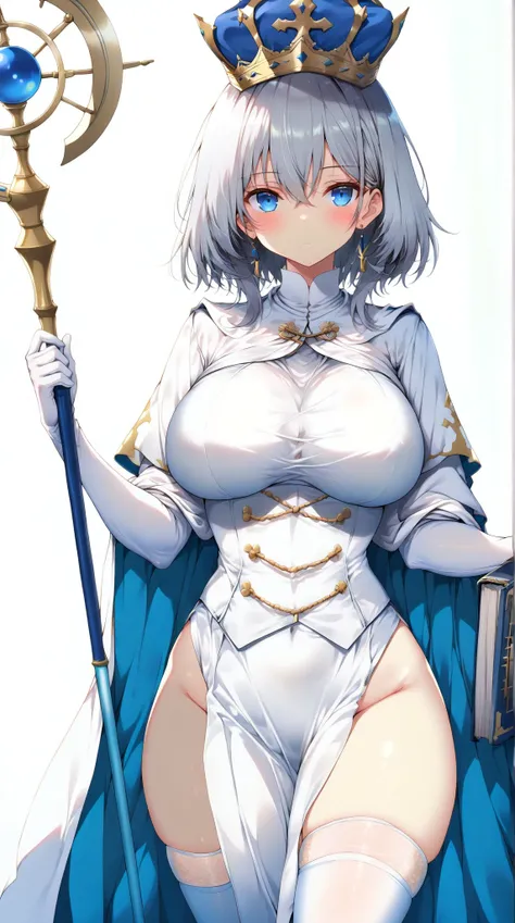  1 girl,  Masterpiece,  natural light, Front lighting, ( anatomically correct), Blue clothes, white stockings, Clergy, (Long-handled Staff ), (bible),  expressionless , long dress with slits,  big breasts, Thighs,((Alluring)),(( white background)),  silver...