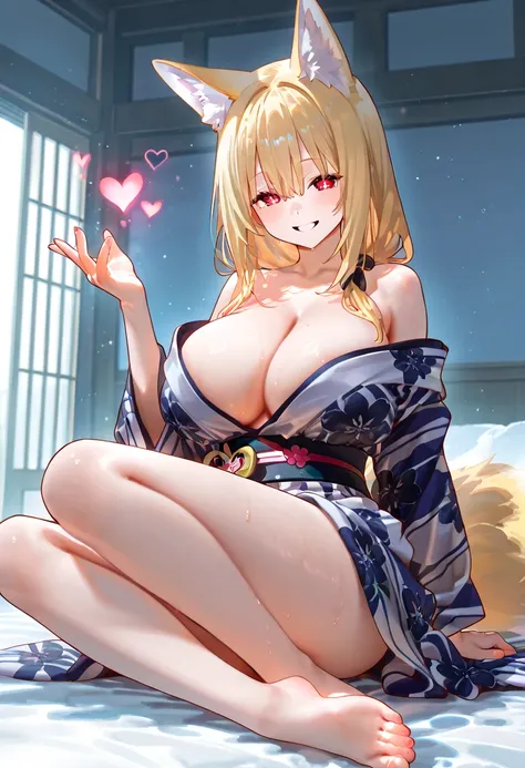 highest quality、smile、Big Breasts、Cleavage、Fox ears、Long blonde、Red Eye、kimono、Japanese-style room、Floating Hearts,Showing bare feet