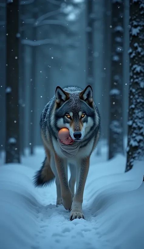 A large wolf walking through a snowy forest at midnight, carrying a small baby gently in its jaws. The wolf's glowing eyes shine in the darkness, and its breath is visible in the freezing air. Snowflakes fall softly around, and the wolf's deep paw prints t...