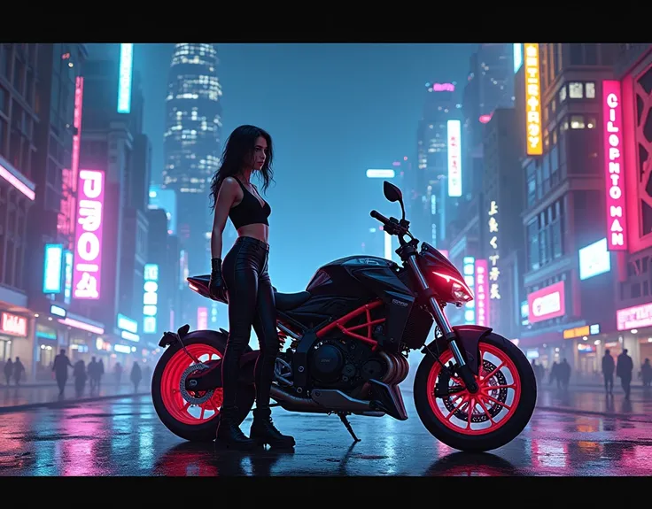 A girl standing next to a motorcycle　+ night neon city +Cyberpunk city