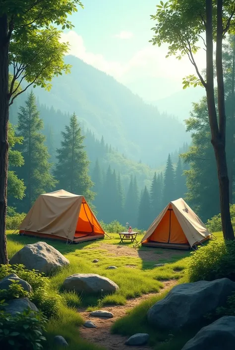 A serene hilltop within a forest with camping tents