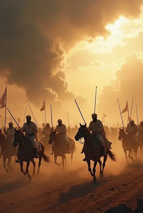 "A dramatic and intense battle scene depicting the historic Battle of Badr. The composition is vertical, showing the vast desert battle field with Muslim warriors, led by Prophet Muhammad's companions, courageously fighting against the larger Quraysh army....