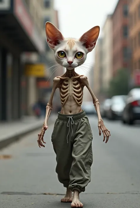 An extremely thin anthropomorphic cat,  with skin stretched over the bones ,  clearly revealing its skeletal structure .  His chest and ribs are visible ,  Her arms and legs are thin ,  and its Expression conveys a mix of sadness and determination .  He ha...