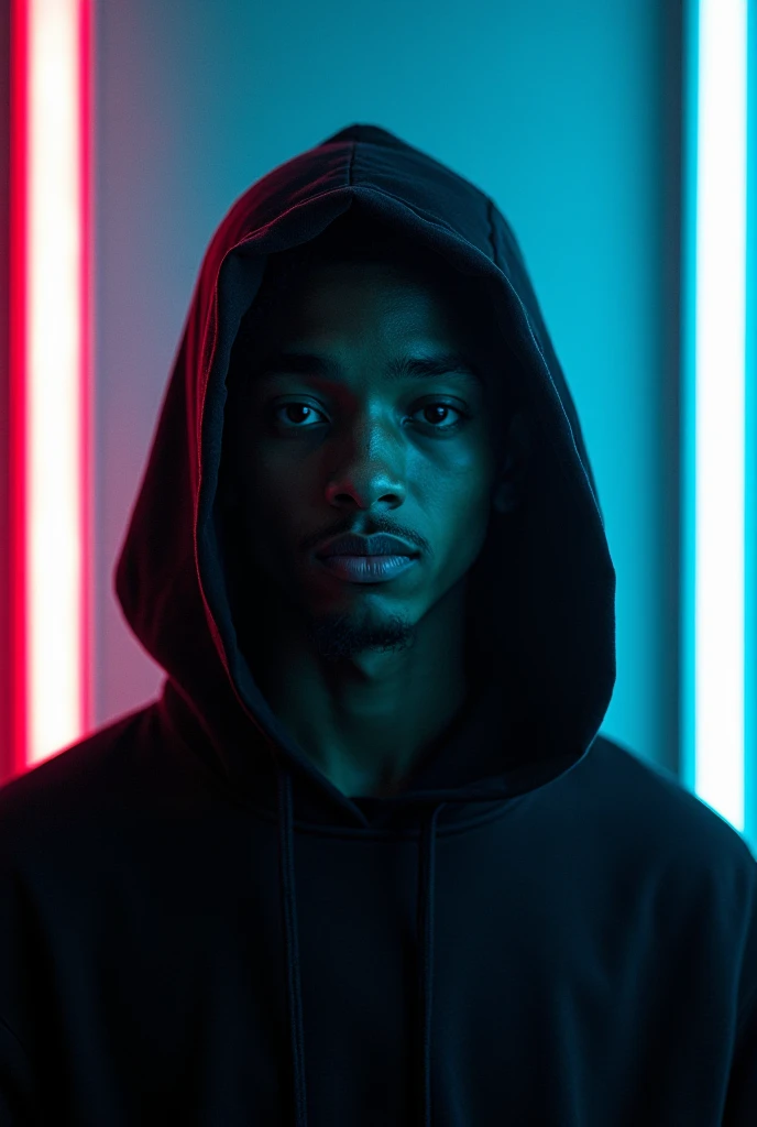 An image of Jaden Smith with a hood and neon borders on his body 