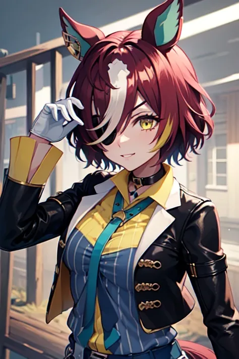 best quality, Tanino Gimlet, Hair on one eye, Eye patch, Horse tail, Black jacket, Yellow Shirt, tie, The left and right gloves are different, Black gloves, White gloves, skirt, Fishnet pantyhose,1gril,evil smile,Farm,broken wooden fence