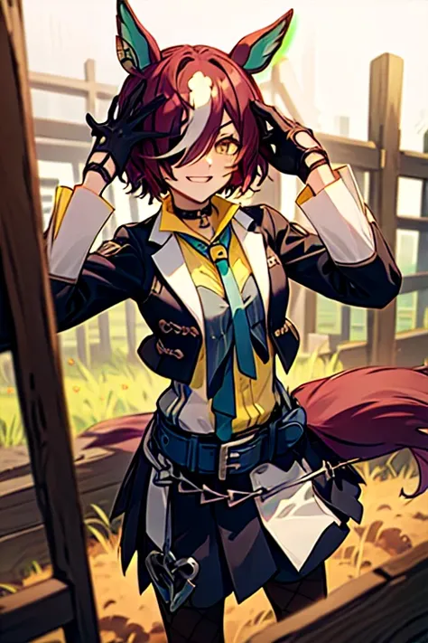 best quality, Tanino Gimlet, Hair on one eye, Eye patch, Horse tail, Black jacket, Yellow Shirt, tie, The left and right gloves are different, Black gloves, White gloves, skirt, Fishnet pantyhose,1gril,evil smile,Farm,broken wooden fence