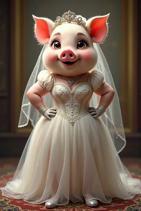 photorealistic portrait of Dressed animals - a ((fat)) (baby pig) bride,(),(happy smile:1.5),(furry), high quality,(lovely) ,intricate details, highly detailed (gothic white wedding dress)),wearing opera globes and shoes,wearing highly detailed veil, highl...