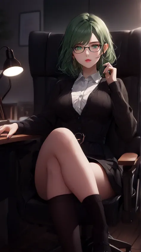 (( is the best quality)), (( masterpiece)), ( detailed),  perfect face ,  3-foot tall girl wearing a white button-up shirt and black dress,  Green Skin ,  Pointed ears ,  wearing black thigh socks , and black high heels, Very shy,  sitting in an office cha...